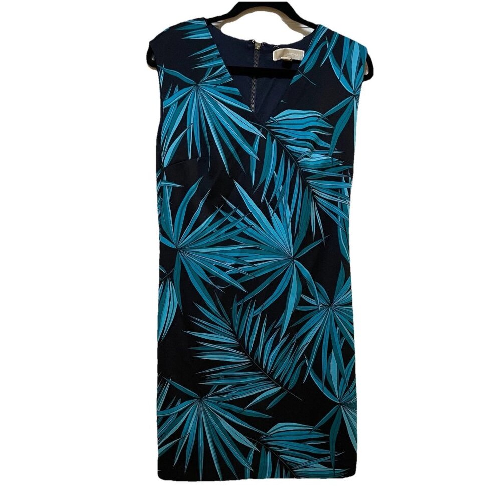 MICHAEL KORS Black with Teal Palm Leaf Sleeveless Shift Dress Sz M